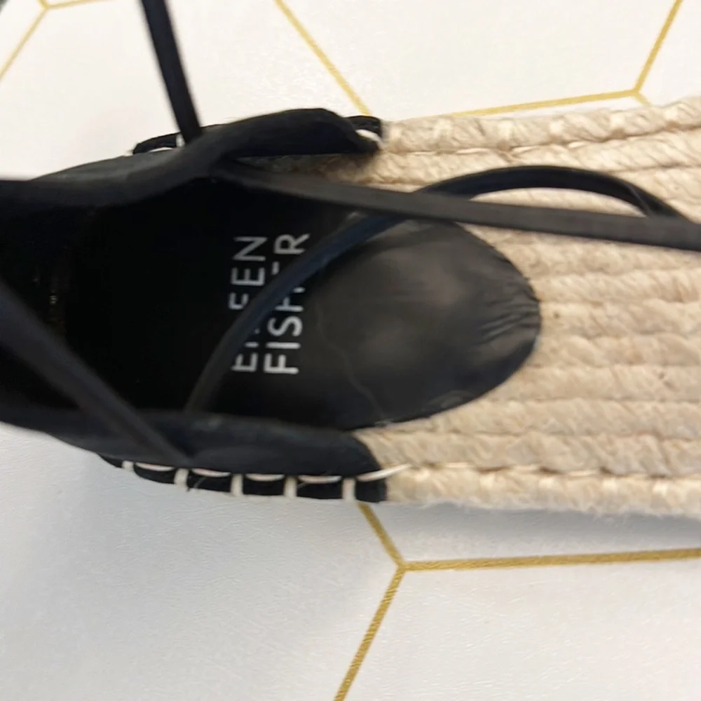 NEW Eileen Fisher Check Black Suede Espadrille resort sandals shoes women size 5